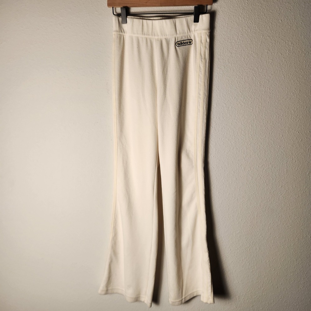 Adidas Originals Women Off White Ribbed Flare Leg Track Pants Cream M/M